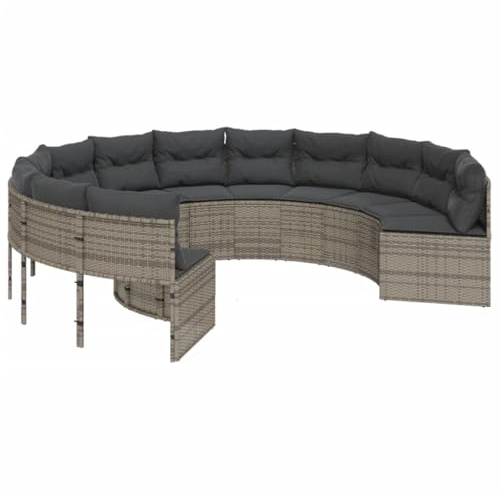 Foknhdi Divano da giardino rotondo in polyrattan con cuscini, divano in rattan per giardino, terrazza, cortile, gruppo di sedute grigio con cuscini grigio scuro, diametro 287 cm