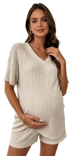 ranrann Graviditet Sommar Moderskap Kläder För Gravida Delar Ribbad T-shirt | För väntande mödrar, avslappnad V-ringad kortärmad topp, postpartum-återhämtningskläder, familjesammankomst, gata