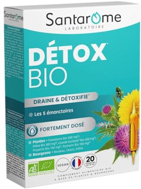 Santarome Bio - Détox Bio | Complément Alimentaire Détox Globale | Draine & Regénère les 5 Emonctoires - Plantes Bio - Grande Bardane, Fumeterre, Pissenlit | 20 Ampoules | Made In France | Végan