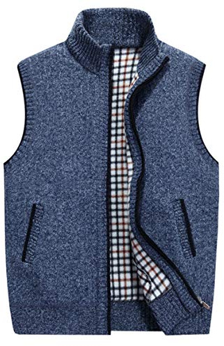 LemonGirl Mens Casual Slim Full Zip Knitted Sweater Vest with Pocked Deepblue