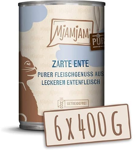 MjAMjAM - Premium Nassfutter für Katzen - purer Fleischgenuss - zarte Ente pur, 6er Pack (6 x 400 g), getreidefrei mit extra viel Fleisch