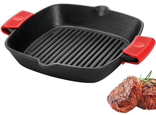 ZOOFOX Gusseisen-Grillpfanne, 25.4 cm, quadratische Pfanne mit einfachem Fettablaufauslauf und zwei Silikon-Griffabdeckungen, Fleisch, Camping und Grill
