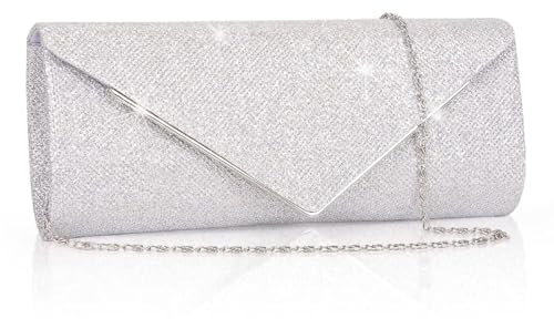Larcenciel Clutch Damen, Glitzer Abendtasche Umhängetasche mit Abnehmbarer Kette, Modische Handtasche Elegante Envelope Tasche Kettentasche Schultertaschen für Abschlussball, Hochzeit, Party (Silber)