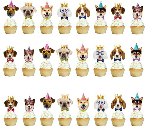 LEMONSTONE 24 Stück Hunde Geburtstag,Hunde Cupcake Topper,Muffin Deko,Hunde Deko,Dog Theme Birthday Decorations,Geburtstag Kuchen Dekoration für Kinder Baby Hunde Party Dekorationen