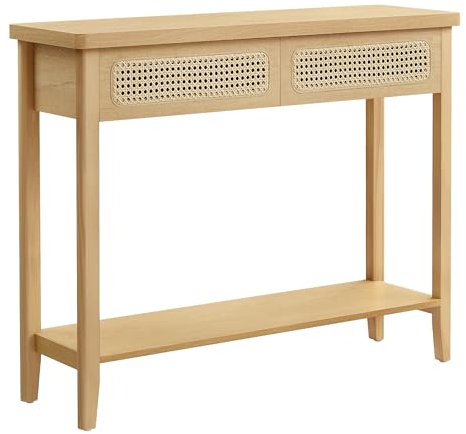 VASAGLE Konsolentisch, Flurtisch, Flur Möbel, schmaler Sofatisch für Wohnzimmer, mit 2 Schubladen, offene Ablage, abgerundete Ecken, Boho-Stil, eichenbeige LNT016Y57