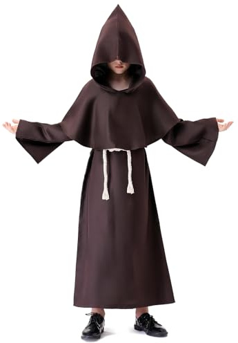 Banchif Costume Halloween Enfant Moine Médiéval avec Collier de Croix, Ceinture, Prêtre (Marron, 150)