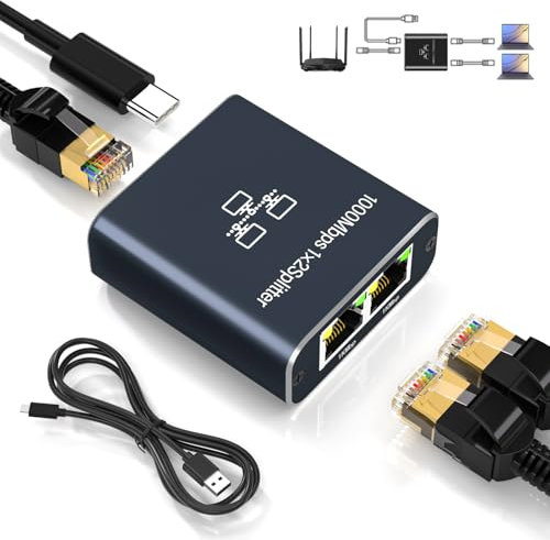 Switch Ethernet,1 a 2 1000Mbps Divisor Ethernet Conmutador LAN 2 puertos con cable de alimentación tipo C Divisor de red LAN RJ45 para computadora,concentrador,conmutador,enrutador,decodificador,TV