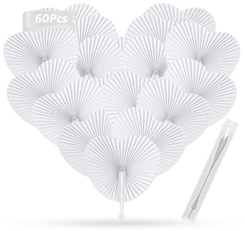 Oungy 60 abanicos de papel para bodas, plegables, color blanco, regalo para invitados de boda, mango de plástico, para verano, bodas, cumpleaños, fiestas, manualidades, regalos para invitados, viajes