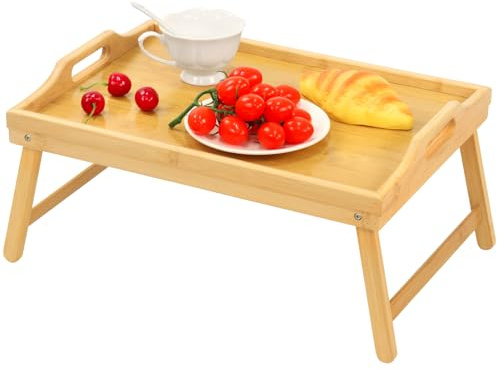 Vassoio per la colazione in bambù, con gambe pieghevoli e supporto per telefono