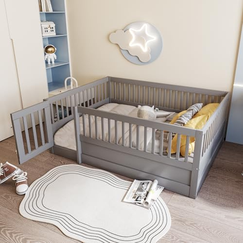 Lexiou Cama infantil de 140 x 200 cm, estructura de madera con rejilla y puerta (gris)