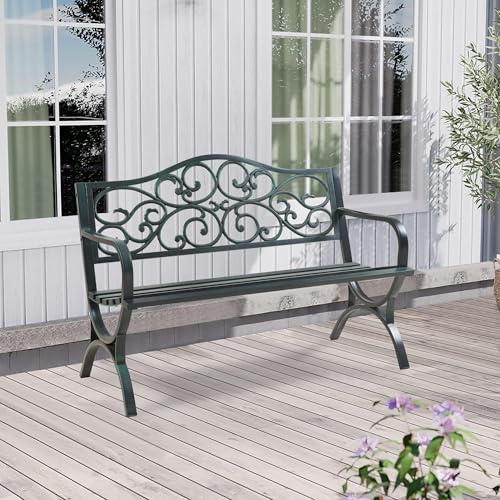 casa.pro Banco de Jardín Exterior Utav Resistente Sofá de 3 Plazas con Respaldo y Reposabrazos Diseño Vintage para Terraza Patio máx. 300 kg Acero 127 x 53 x 79 cm - Gris Oscuro con Pátina Verde