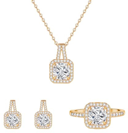 Auriselle Parures de Bijoux en Zirconium Femme, Set de Bijoux 3-Pièces Pendentif Carré Collier Anneau Boucles d'oreilles Set Zircon Brillant, Chaînes Anneaux Réglables Femmes Filles, Doré