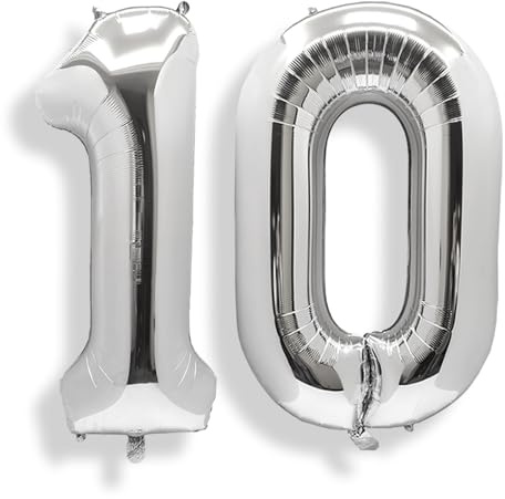 AULE Silver Number 10 Balloon 40 Inch Giant 0-60 Foil Large Balloons | Big Mylar 10 Number Balloon Helium Huge Jumbo for Happy 10th Birthday Party Anniversary Decorations Supplies