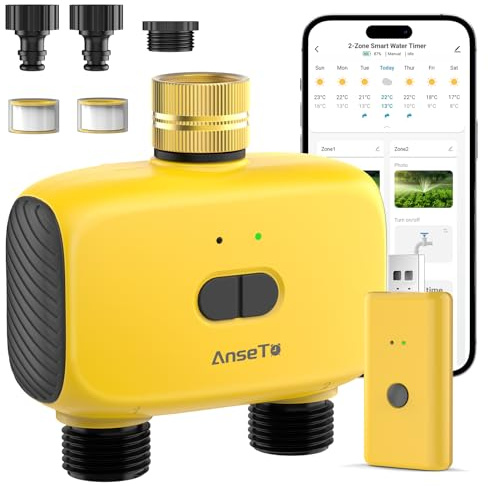 AnseTo Computer di Irrigazione Wifi con 2 Uscite Programmabili per Giardino, Prato, Irrigazione Automatica Temporizzata Sistema di Irrigazione Intelligente con Telecomando WiFi Hub, Ritardo Pioggia