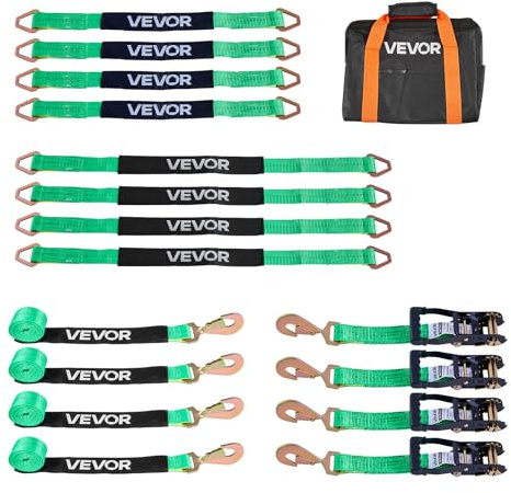 VEVOR Cinghie di Fissaggio per Pneumatici 50,8 x 2438,4 mm con Gancio a Molla Resistenza alla Trazione di 4540 kg Capacità di Carico di 1512 kg, Cinghie di Tensionamento per Pneumatici, Verde