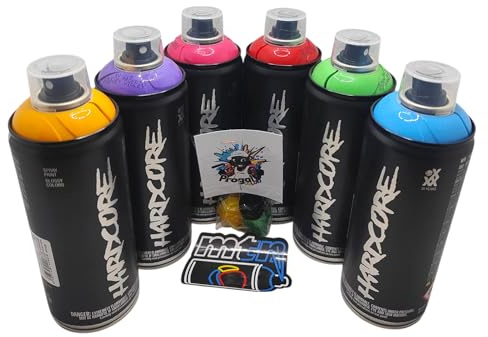 Hardcore Pintura en Aerosol Profesional, Pack de 6 Latas 400ml, Colores Brillantes (verde,amarillo,celeste,fucsia,rojo,violeta) con 3 Boquillas de Repuesto + 1 Stickers MTN