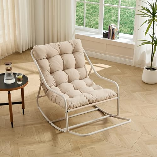 Ball & Cast Schaukelstuhl für Drinnen & Draußen, Rocking Chair mit Gepolstertem Kissen und Fußstütze, Moderner Balkonsessel für Wohnzimmer, Garten & Terrasse, Beige