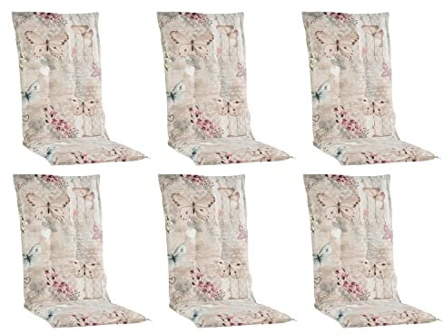 Gartenstuhlauflagen Hochlehner 6er Set - 120 x 50 cm - Beige - Baumwolle - Polyester - Schmetterlingsmotiv - Sesselauflage Sitzpolster Stuhlauflage