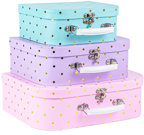 Eazy2hD Set di 3 valigie decorative in cartone, scatole regalo con coperchio, per riporre foto, decorazioni per la casa, compleanni, matrimoni, anniversari, mini valigie in cartone, con lamina dorata