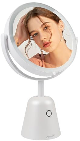 ANGNYA Kosmetikspiegel LED Beleuchtung mit Vergrößerungsspiegel 10X / 1X, Doppelseitiger LED Tischspiegel 360° Drehbar, USB Aufladbarer Schminkspiegel einstellbare Helligkeit, großer Rasierspiegel