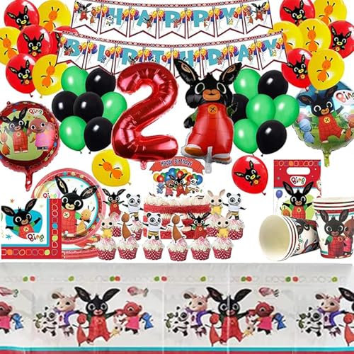 97pcs Bunny Compleanno Stoviglie,2anni Palloncini Bing Compleanno,Tovaglia Compleanno Bing,Decorazioni Bing Compleanno,Set per Compleanneo Feste per Bambini