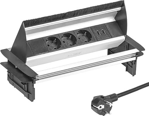 Elbe versenkbare Tischsteckdose mit 3 Steckdosen 2 USB mit Staubpinsel Einbausteckdose aus Aluminium mit 1,5 m Kabel für Büro Werkstatt Küche EL4403U