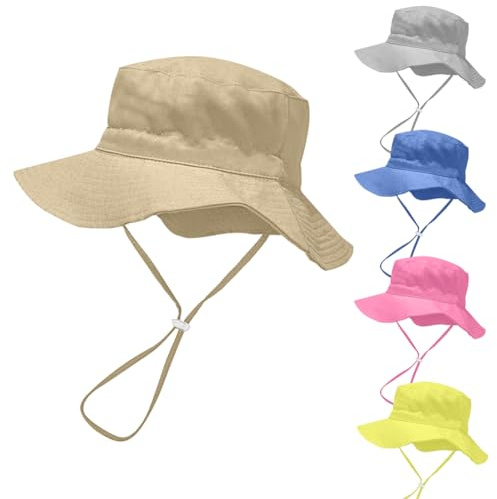 Rayson Cappello da Sole Bambino Estivo Regolabile Cappellino Bambini con Sottogola Cappello da Spiaggia con Protezione Solare Tesa Larga Cappello da Pescatore(Cachi)