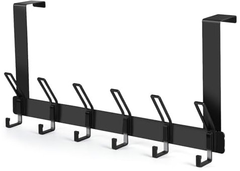 Over Door Hooks, 6 Hooks Over Doors Hanger 1 Pack Heavy Duty Coat Hooks with Rust Resistant Door Hook Coat Rack for Towels Jackets Purses Bags Clothes Robes (Black)