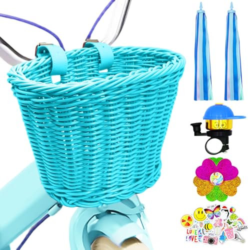 MirraSwit Azul Cesta Bicicleta Delantera, Canasta para Bicicleta para Tejida a Mano, Cesta Bicicleta Niña, con Correas de Cuero, Borlas para Bicicletas, Campanas para Bicicletas