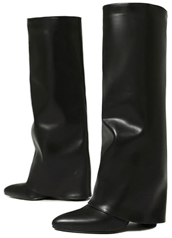 Ceciloroda Fold Over Botas Knee High para Mujer Alto Tacón Chunky Wide Calf altas Puntiagudo Slouch Long Boots Dressy Black Size 42