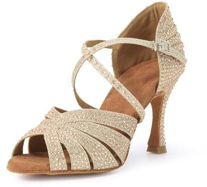 Syrads Zapatos De Baile Latino para Mujer Salsa SalóN con PedreríA Zapatos Dancing Party,Oro 9cm Heel,39 EU