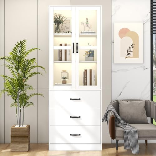 Vetrina da terra con 3 cassetti 2 ante in vetro colonne con 2 pareti mobili armadi illuminazione a LED per soggiorno sala da pranzo cucina mobile angolare bianco 60x40x200 cm