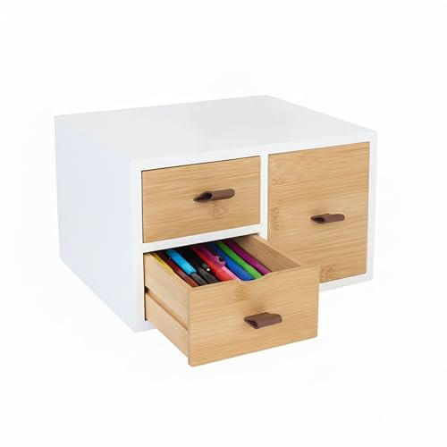 Caja con cajones Relaxdays de bambú y MDF, 3 cajones, HBT: 15 x 25 x 20 cm, Organizador de Escritorio, Blanco/Natural