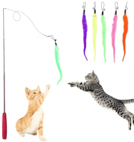 COEWUR Cat Wand Toys, Interactive Cats Toys for Indoor Cats Adult, Cat Teaser Wand With 5pcs Refills Worm for Adult and Kittens Indoor Interactive Catcher Chase Jump