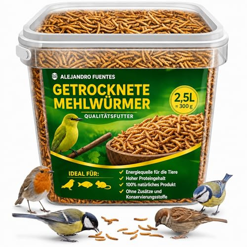 AF® Camole della Farina Essiccate 300g, 2,5L Mangime Uccelli Selvatici Tenebrio Molitor 52% Proteine, Snack Naturale per Pettirosso, Cinciallegra e Ricci, Alternativa Farina di Grillo 100% Naturale