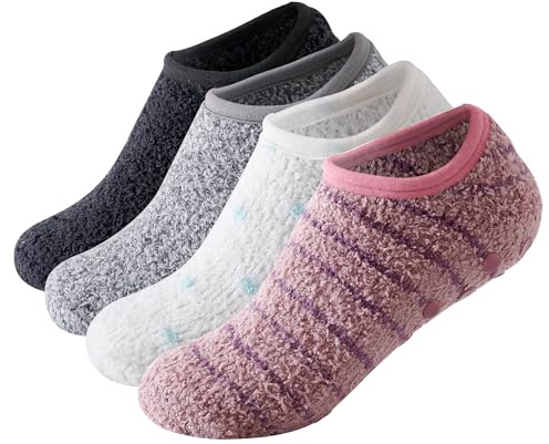 SKOLA 4 Pairs Cozy Winter Fuzzy Women Socks Grip Slippers Fluffy House Non Skid Microfiber Socks(Gray/Light Gray/White/Dark Pink 4Pairs)