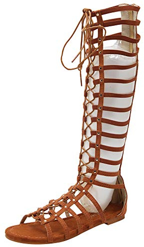Jamron Mujer Rodilla Alta Gladiador Botas Plano Con Cordones Cremallera Romano Tiras Sandalias Marrón SN02610 EU37
