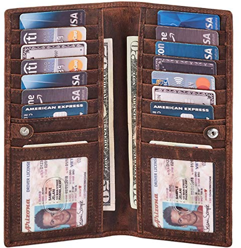 Wise Owl Portafoglio Uomo Lungo in vera pelle RFID, bifold slim elegante, 2 finestrini ID, porta carte di credito, confezione regalo