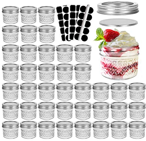 CycleMore 40 Pcs 4oz Clear Glass Mini Mason Jars With Silver Separable Lids and Diamond appearance, Small Spice Canning Jars for Honey, Jam, Jelly, Wedding Favors, Kitchen Food Storage