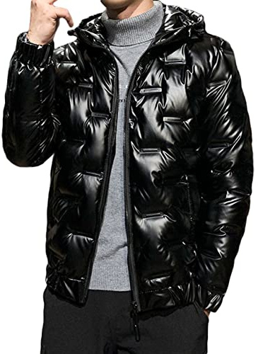 CHARTOU Men's Winter Metallic Zip Up Hooded Down Puffer Jacket Warm Parka Coat Waterproof Anorak (Large,Black)