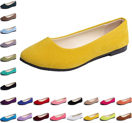 Hwalleum Ballerines plates simples et décontractées pour femme - Couleur unie - Pour le travail - Pour le bureau - Confortables - Bout pointu, jaune, 39 EU