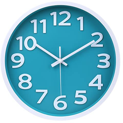 Crosstime 30cm Silent Teal Wall Clock with Big Numbers - Non-ticking Quality Quartz Sweep Modern Coastal Decor Turquoise Clocks for Bedroom, Kitchen, Living Room