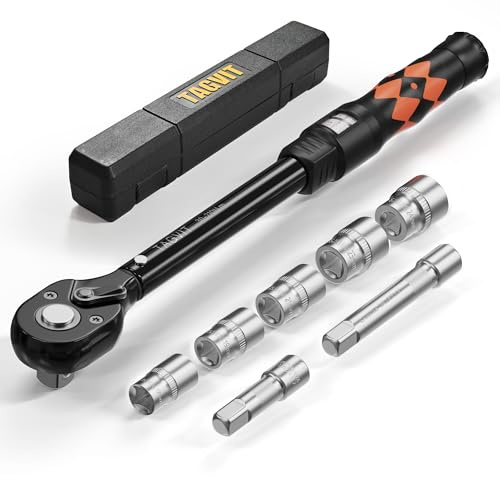TAGVIT Drehmomentschlüssel 1/2 Zoll, 30-210 Nm Drehmomentschlüssel 8-tlg.Set mit 17mm 19mm 21mm 23mm 24mm Stecknüsse und 75mm/125mm Verlängerung für Motorrad, Auto, LKW