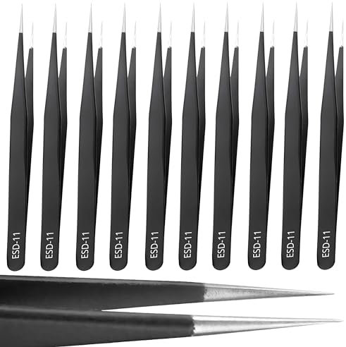 Retoo Lot de 10 pinces à épiler anti-magnétiques pour détails, travaux, réparations, ordinateurs, téléphones portables, montres, bijoux, travail de précision, travail de laboratoire, beauté, épilation