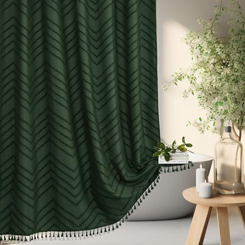 Siiluminisoy Extra långt mörkgrönt bohemiskt duschdraperi med tofs, vävt tyg, tuftad, Chevron, randig, 183 x 213 cm, modern, chic, texturerad, minimalistisk badrumsgardin