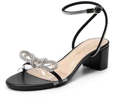 DREAM PAIRS Women's Heels Round Toe Rhinestone Double Bowknots Sparkly Block Heeled Sandals Shoes for Party Evening,Size 8,Black-Pu,SDHS2480W