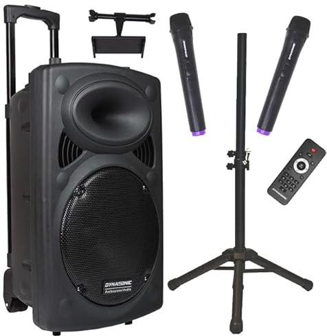 DYNASONIC Dynapro Altavoz Autoamplificado Potente 15/1000W, Altavoz Bluetooth Portátil 2 Micrófonos, Sistema PA, TWS, USB/SD y Batería Larga Duración. Ideal para Exterior