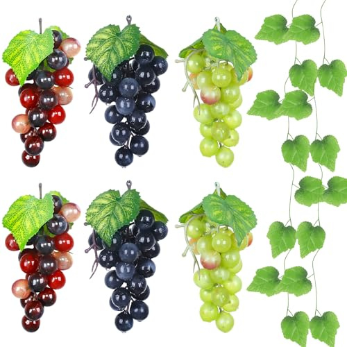 Pamtns 7 Pièces De Raisin Plastique Décoration Artificielle Grappe de Raisin Artificiel Simulation Fruits Artificiels en Plastique Raisin Faux Fruits Accessoires Raisins avec Feuilles Décoration Fête