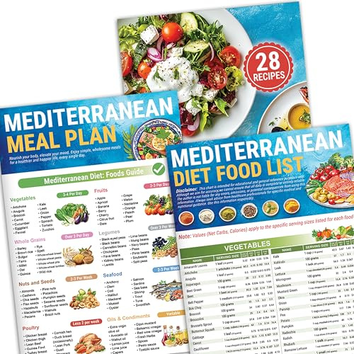 Uppsättning av 3 medelhavsdietdiagram matlista 2025, medelhavs måltidsplanerare & 28 recept, matguide – undvik, serveringsstorlek, netto kolorier, för typ 2-diabetes, viktminskning, risk för