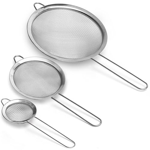 Truewie 3 Pcs Super Wire Extra Fine Mesh Strainer with Handle, Small Medium Large Size Sifter Metal, Stainless Steel Sieve Strainers for Kitchen Rice Juice Quinoa Food Flour Baking